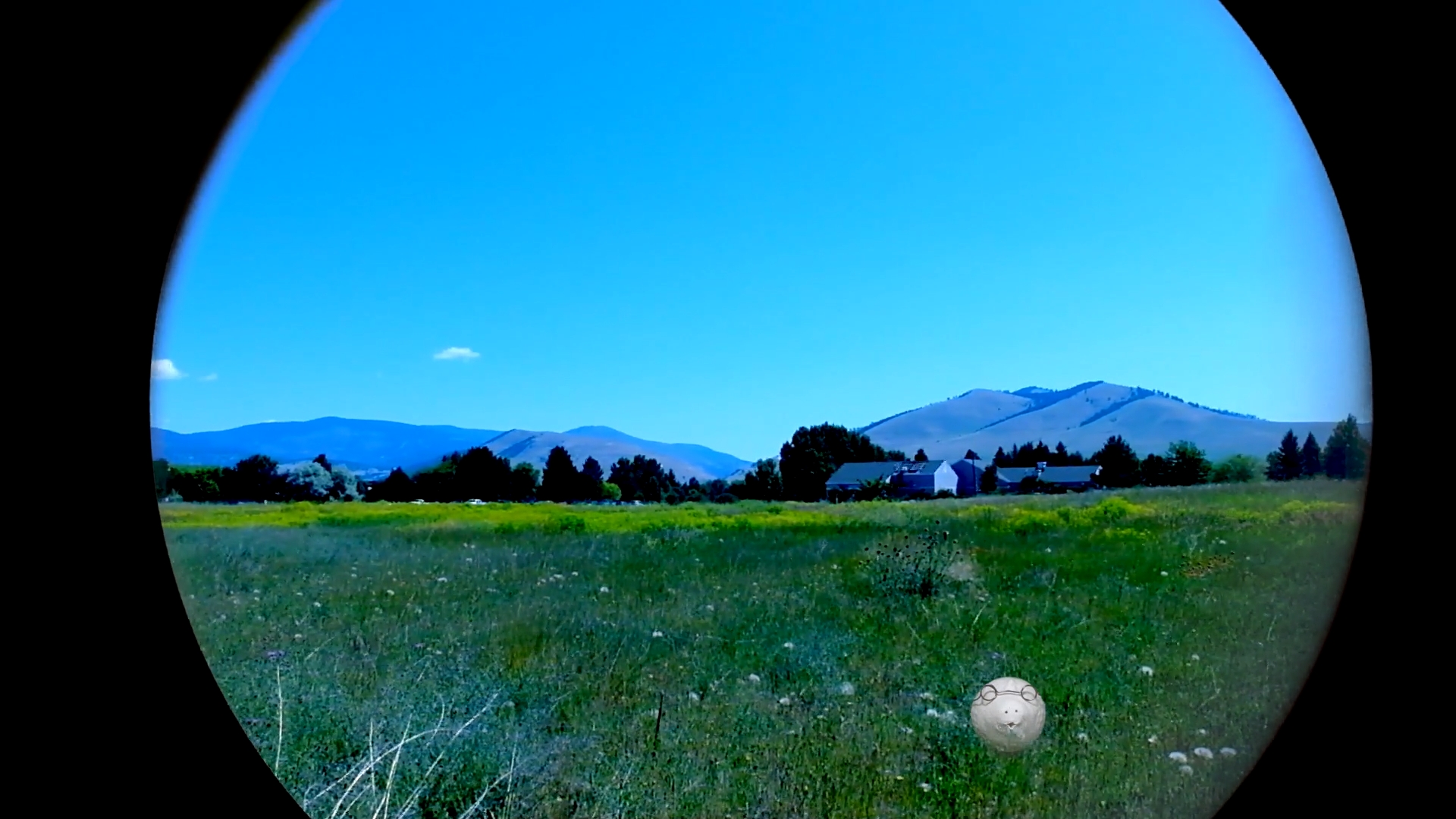A fishbowl angled view of a white golf ball on green grass in front of a mountain landscape.