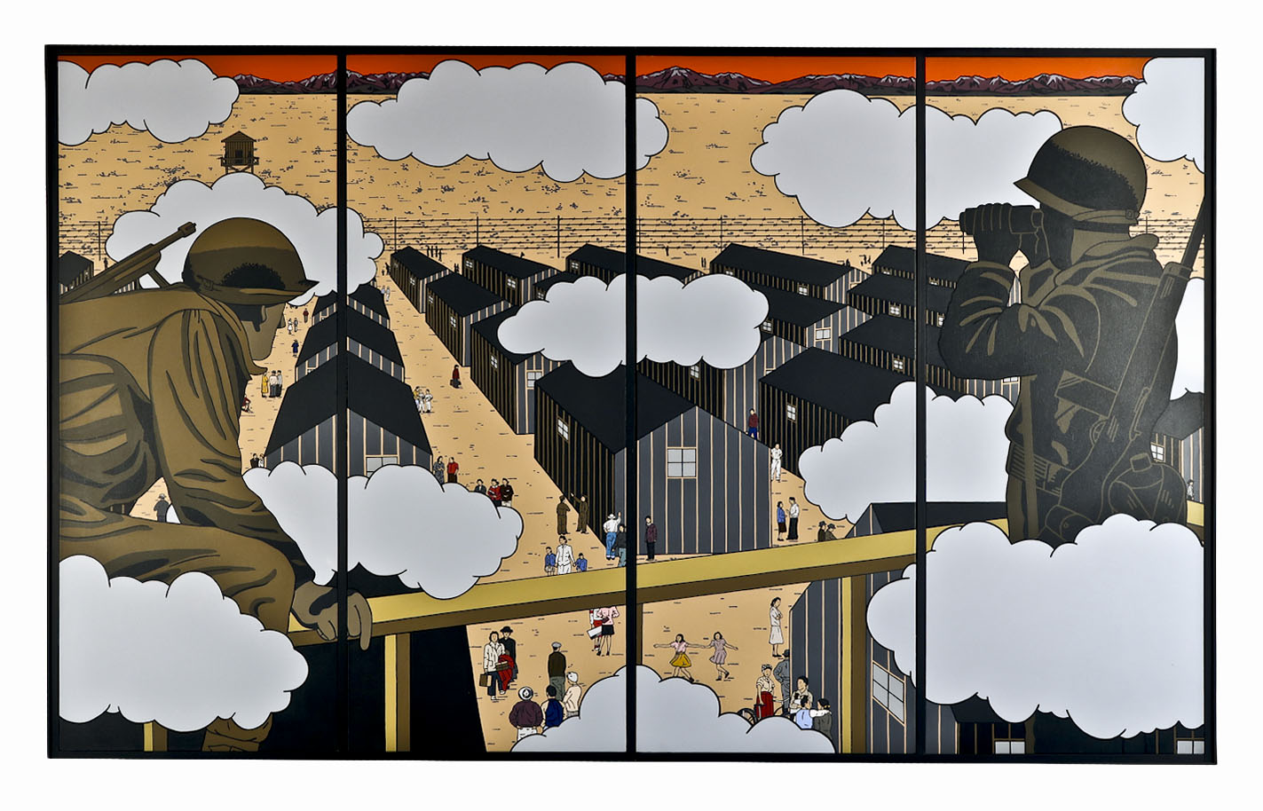 A four panel painting depicting army guards overlooking a Japanese American concentration camp