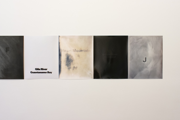 A series of chemically altered gelatin silver prints displayed on a wall in a line