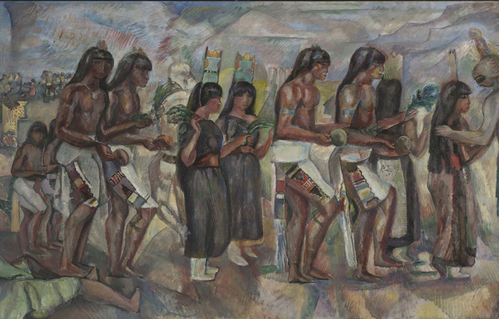A long horizontal painting depicts groups of people engaged in ceremonial dance with a stylized mountain-scape in the backgroun