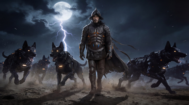 A man in Spanish conquistador armor walks through a desert landscape surrounded by large dogs