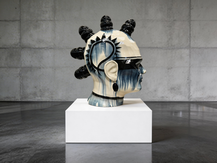 A large ceramic head, painted black and white, sits atop a white pedestal in a concrete room