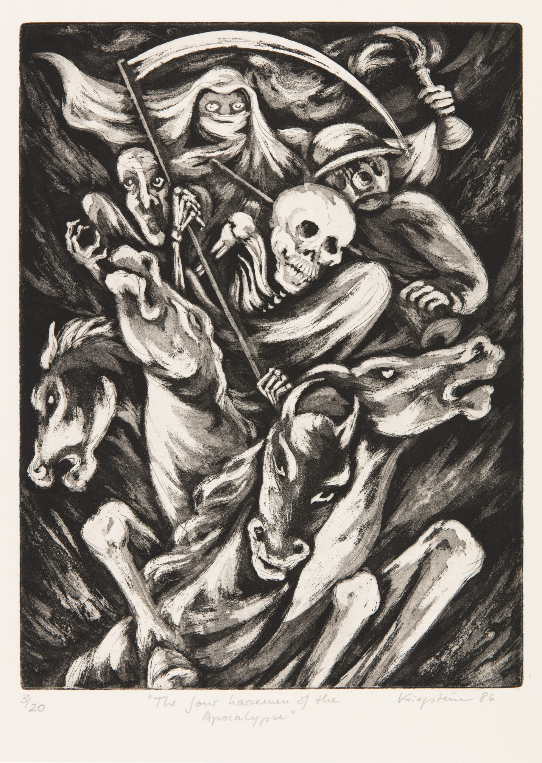 Kriegstein’s comment on the ongoing conflict between East and West is exemplified in the symbolism of the storied Horsemen. Drawn from the biblical Book of Revelation, each rider represents the onset of the end times: Conquest or War, Disease, Famine and Death. Translating these riders to the greater political terror of the moment, Kriegstein creates parallels between ration lines, civilian bombings, the onset of the AIDS crisis, and the continued division of her home country.