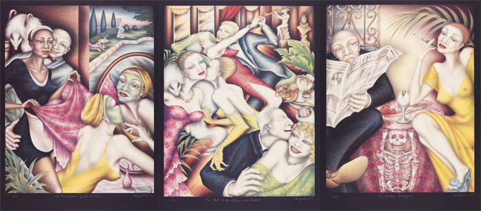 Three different scenes of the same woman in a yellow dress; at home getting dressed up, at a party, and sitting with a man reading a newspaper.