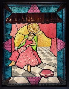 A stained-glass window depicts an exhausted, female figure slumped in a green chair. She wears a vibrant pink gown made of breasts. Next to her, a piece of cake tempts her gaze. The space surrounding her is decadent, with marble floors and velvet curtains. Behind her and at the center of the window, a rosette depicts another female figure with arms outstretched as rose steps radiate from her body.