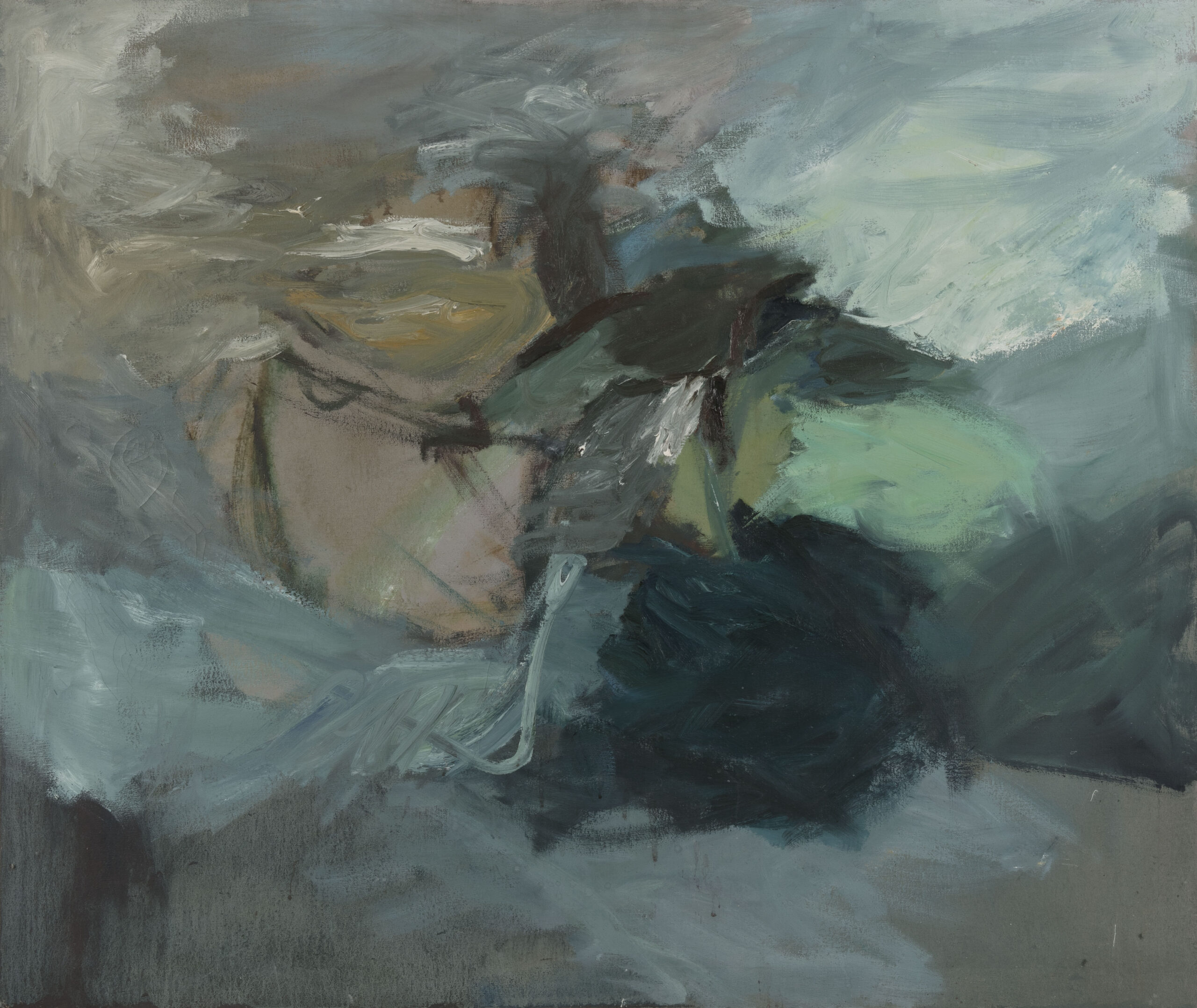 An abstract painting in landscape format with colors of blue and green