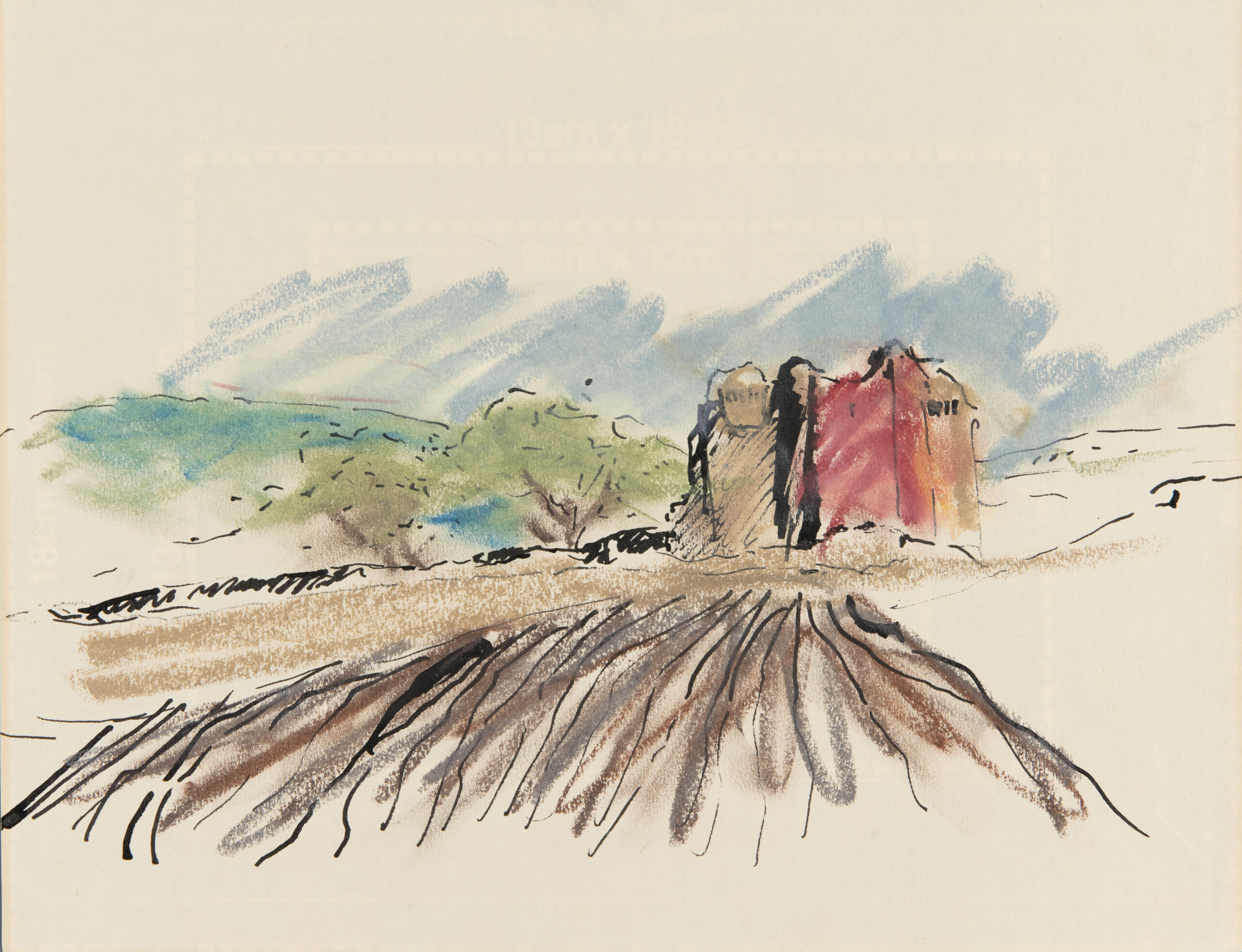 ink and pastel drawing of a building in a landscape
