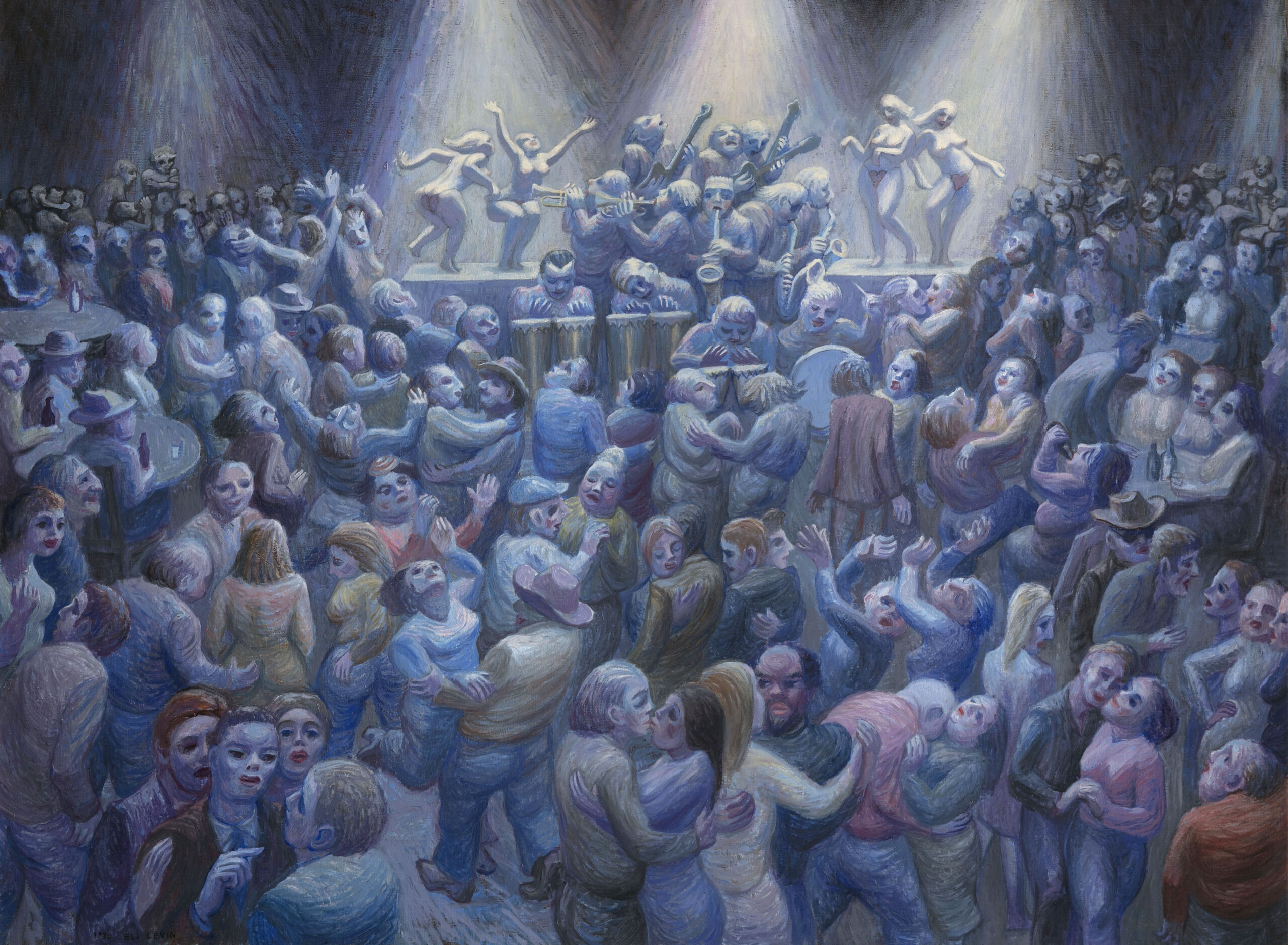 A raucous, wild night out unfolds at an imagined nightclub. Under blue lights, a crowd filled with random and at times volatile vignettes moves across a packed dance floor. Lovers and friends roil about as men cram together at the bar. Couples sit at tables near an inconspicuous back door while across the room, a fight appears to be imminent. Presiding over the chaos is a brass quintet, accompanied by bongo drummers and burlesque dancers.