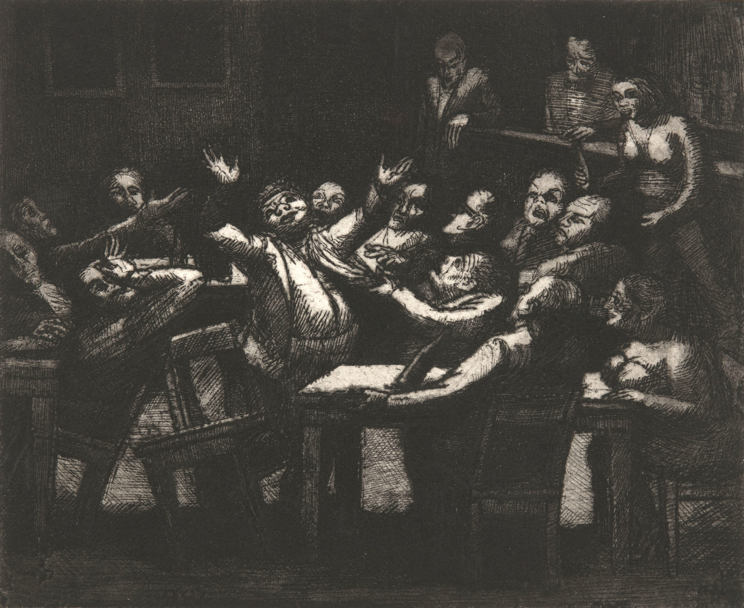 A heavenly light shines on a tumbling mass of bargoers as a singular figure appears to receive some kind of message from beyond. The body of this man twists as if in ecstasy (or agony), calling back to old master paintings from the Renaissance. Chairs and tables tilt and rock as Levin’s subjects pile atop the bar counter, silhouetted in a dramatic contrast between light and shadow.