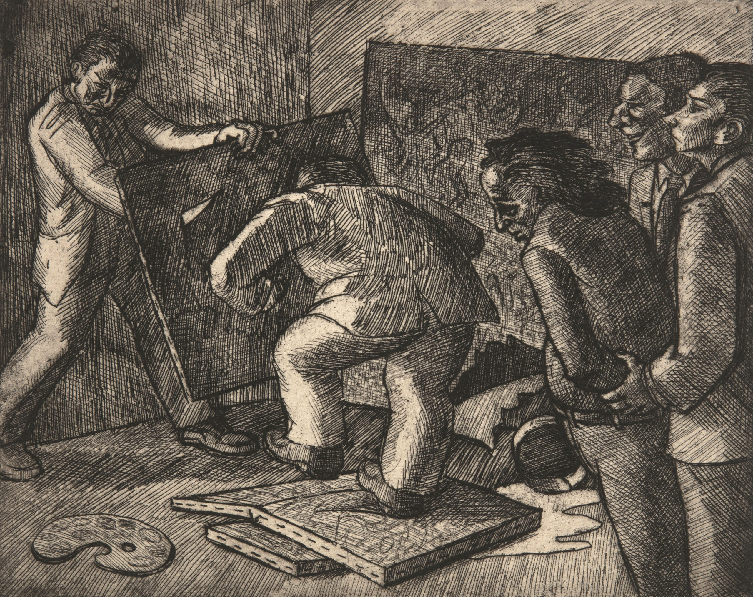 A black and white etching shows what appears to be two men destroying artwork – one holding a canvas up while another stamps a hole in the middle of a painting. On the right-hand side of the image, the presumed artist is restrained at the wrists by two other men, forced to watch as his life’s work is ruined.
