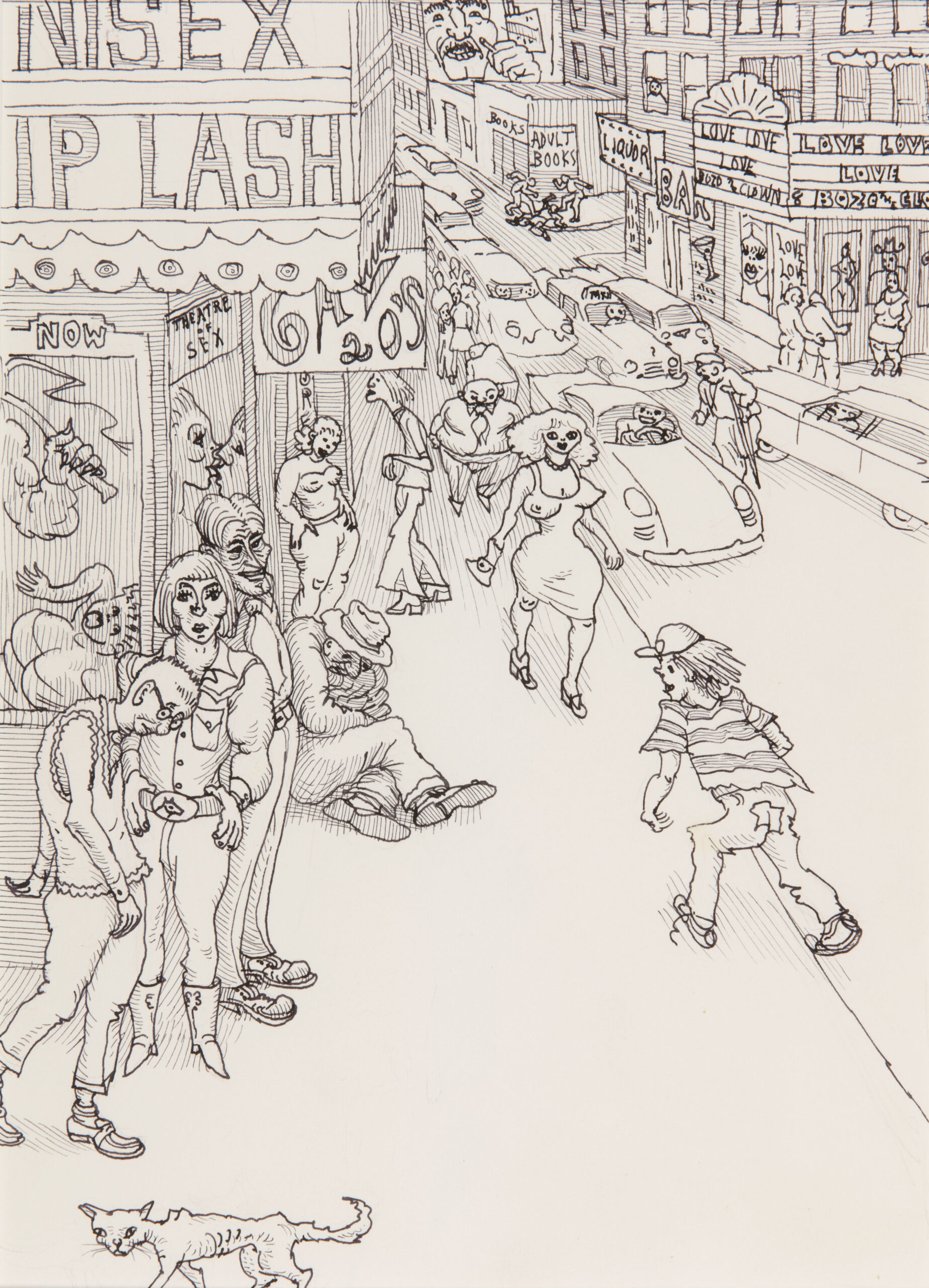 A cartoonish, loose line drawing depicting an urban street bustling with activity. Theater marquees advertise skin flicks as women and men loiter along the sidewalk. A break in traffic allows a young boy to cross the busy street, headed toward one of the seedy venues.