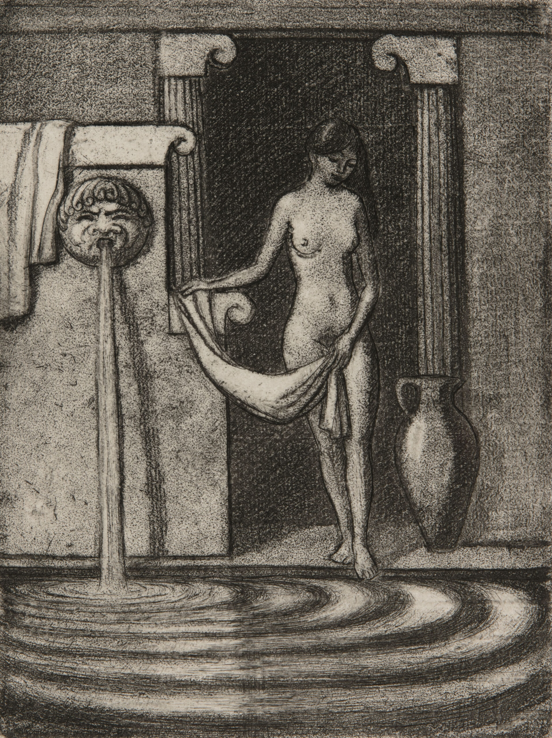A black and white etching of a nude woman standing at the edge of a pool of water, gazing down at her reflection as she takes a trepidatious step toward the edge of the pool. She pulls a towel against her pelvis in a neoclassical pose, as water pours from a spout and casts ripples along the pool’s surface. Behind her, doric columns and an amphora suggest the setting of a Greek temple or palace.