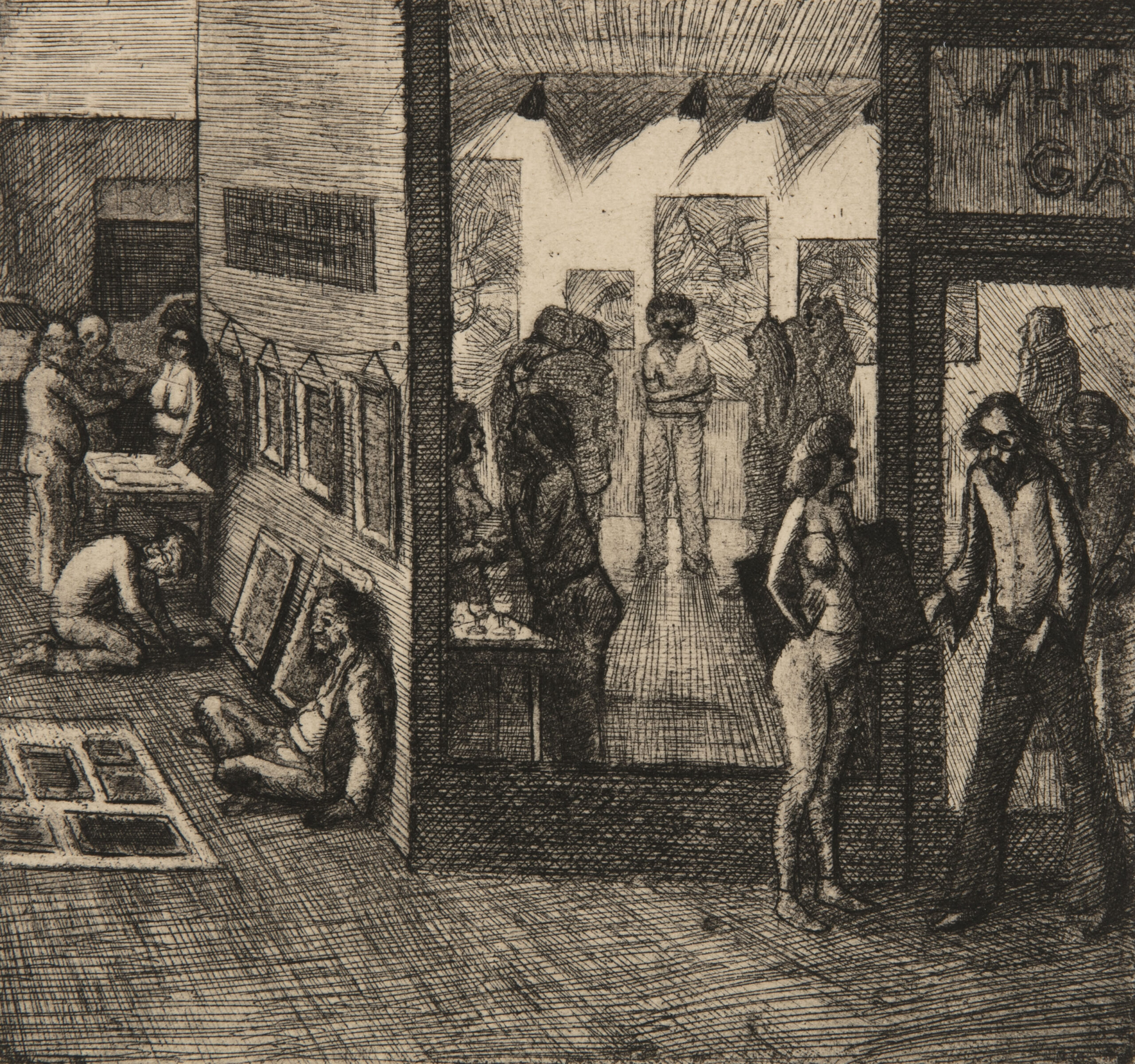 A black and white etching of the dualities of the arts industry in Santa Fe, woth the image divided almost nearly in half by a vertical line separating outside from inside. On the right side of the image, a floor to ceiling glass window allows us to peer into a busy art gallery as an artist entertains gallerygoers and buyers in front of his work. To the left on the building’s exterior, an alley is packed with art and artists trying to sell their work on the sidewalk. In the foreground, a man and woman appear to be engaged in a seedy conversation.