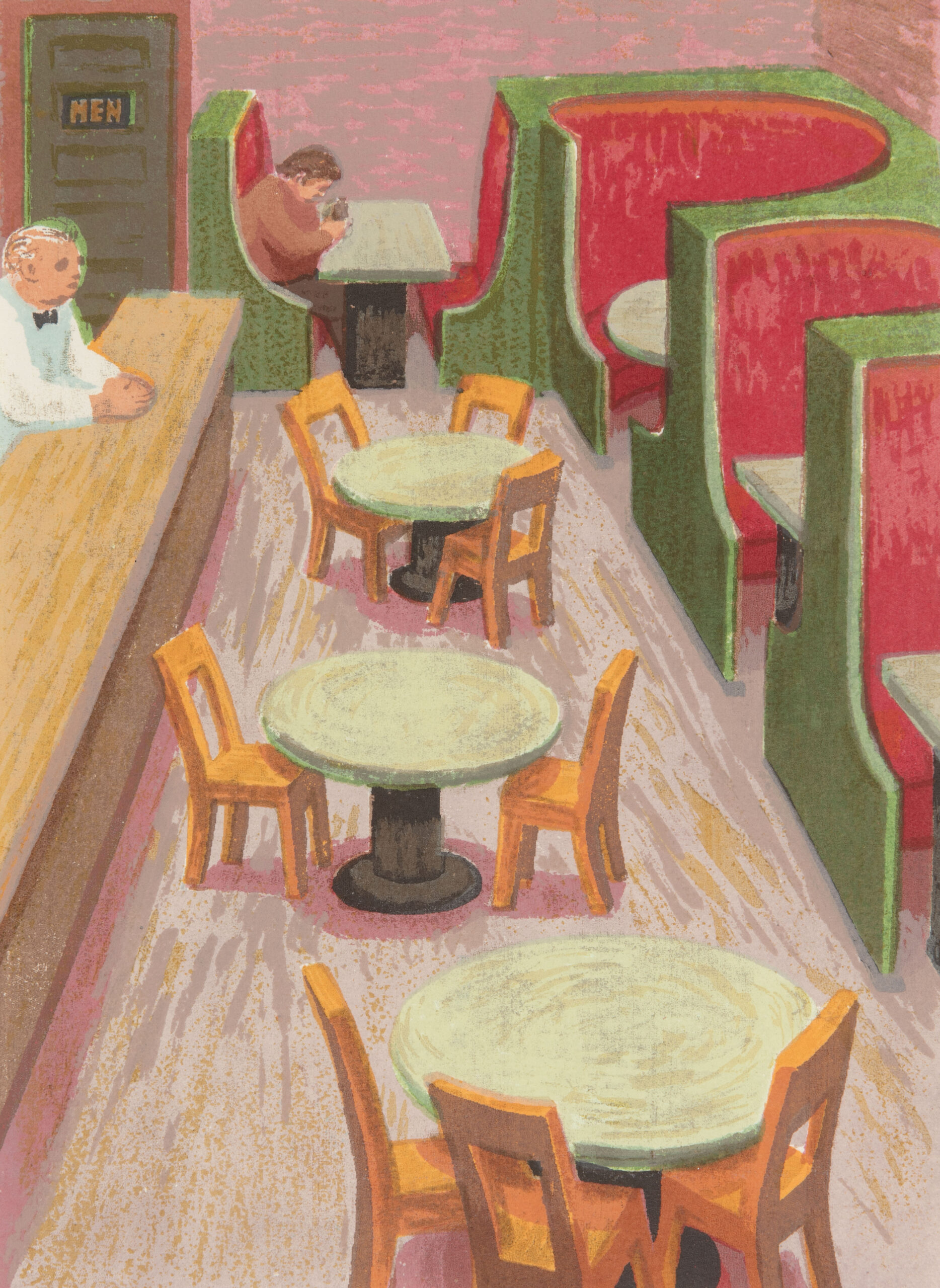 A full-color silkscreen of an almost-empty bar evokes the lonesome emptiness of the wee hours before last call. Empty green and red booths rim the exterior of the image, while a long, empty barhop just into space with a singular bartender clasping his hands. In the back of the barroom, a lonely barfly nurses his drink.